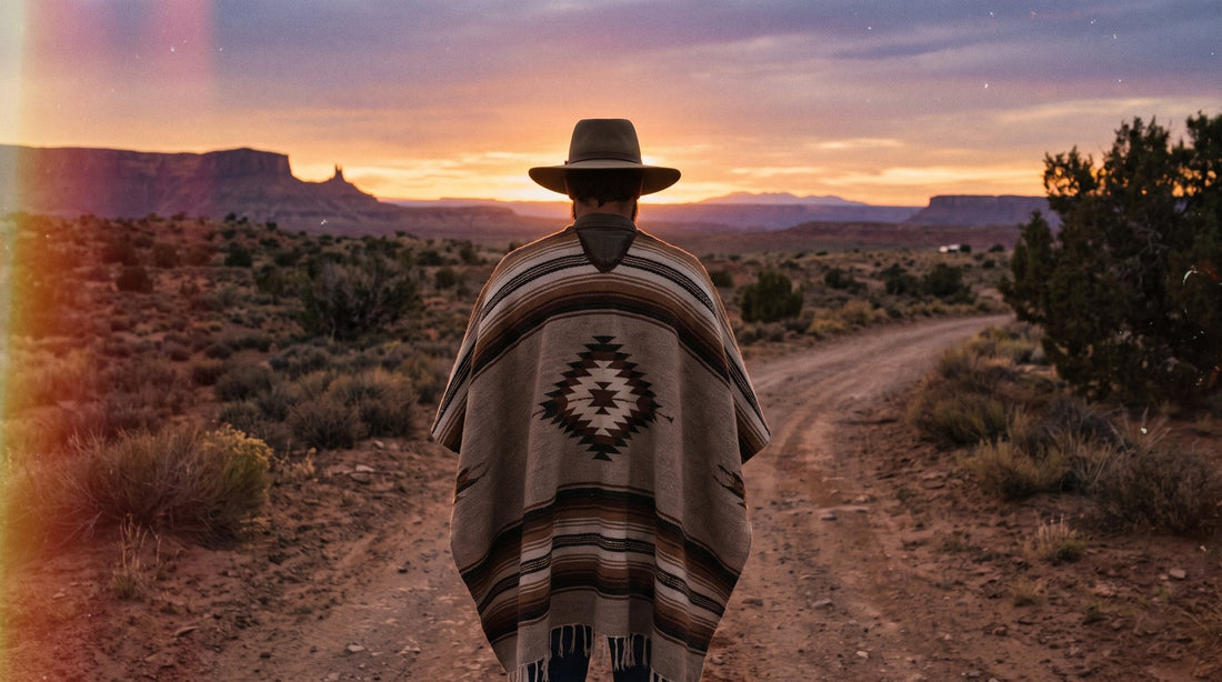Homme de dos en poncho rayé à médaillon face à un paysage désertique au crépuscule