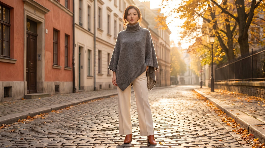 Poncho en laine femme col roulé gris porté dans une rue en automne