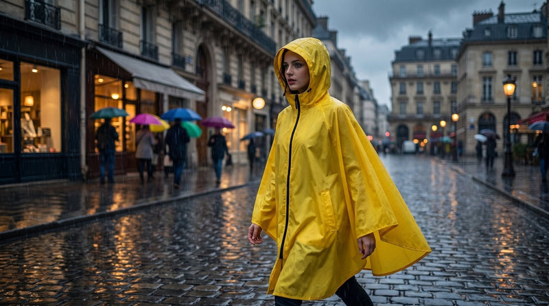 Poncho de pluie à capuche jaune uni porté sous une averse sur des pavés mouillés