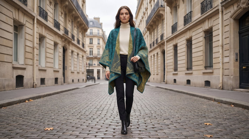 Poncho tricot femme à motif paisley turquoise et or porté ouvert sur un col roulé crème dans une rue d'automne