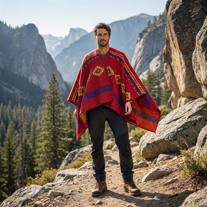 Poncho cape homme ethnique rouge, porté par un homme debout sur un sentier de montagne.