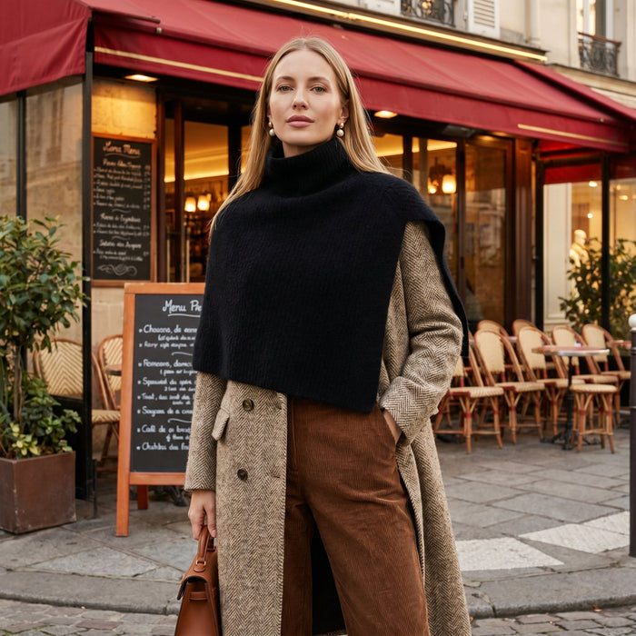 Poncho pull femme noir, porté par une femme debout en extérieur devant un café.