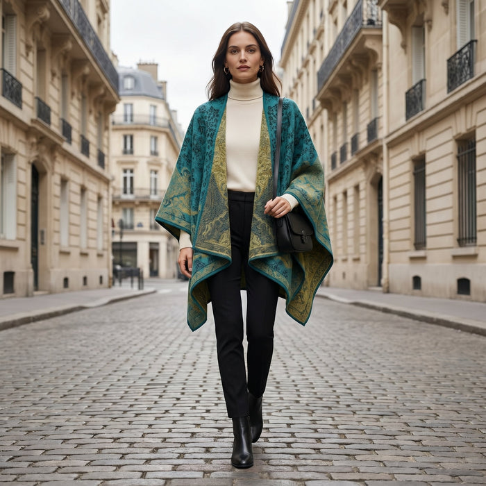 Poncho tricot femme, cape ouverte à motif paisley turquoise et or, portée de face par une femme marchant en ville
