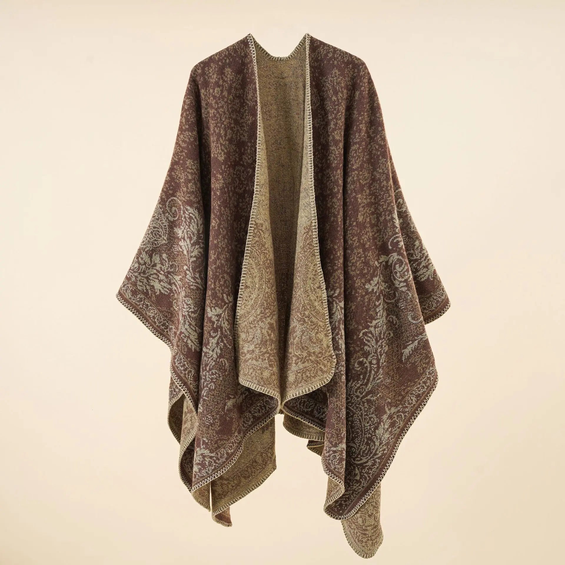 Poncho tricot femme, cape ouverte à motif paisley