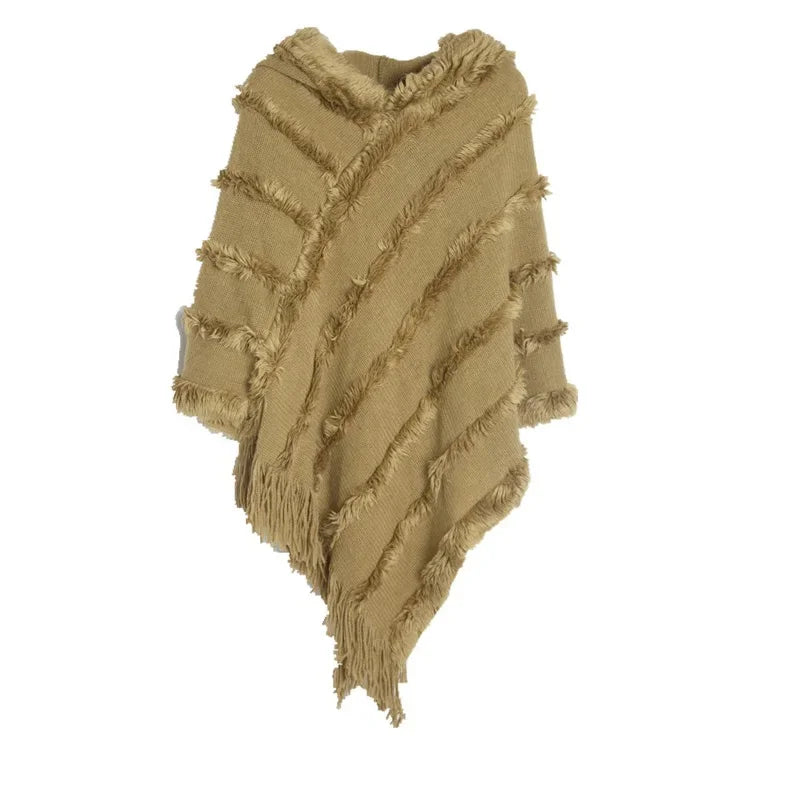 Poncho pull femme · Col roulé moutarde