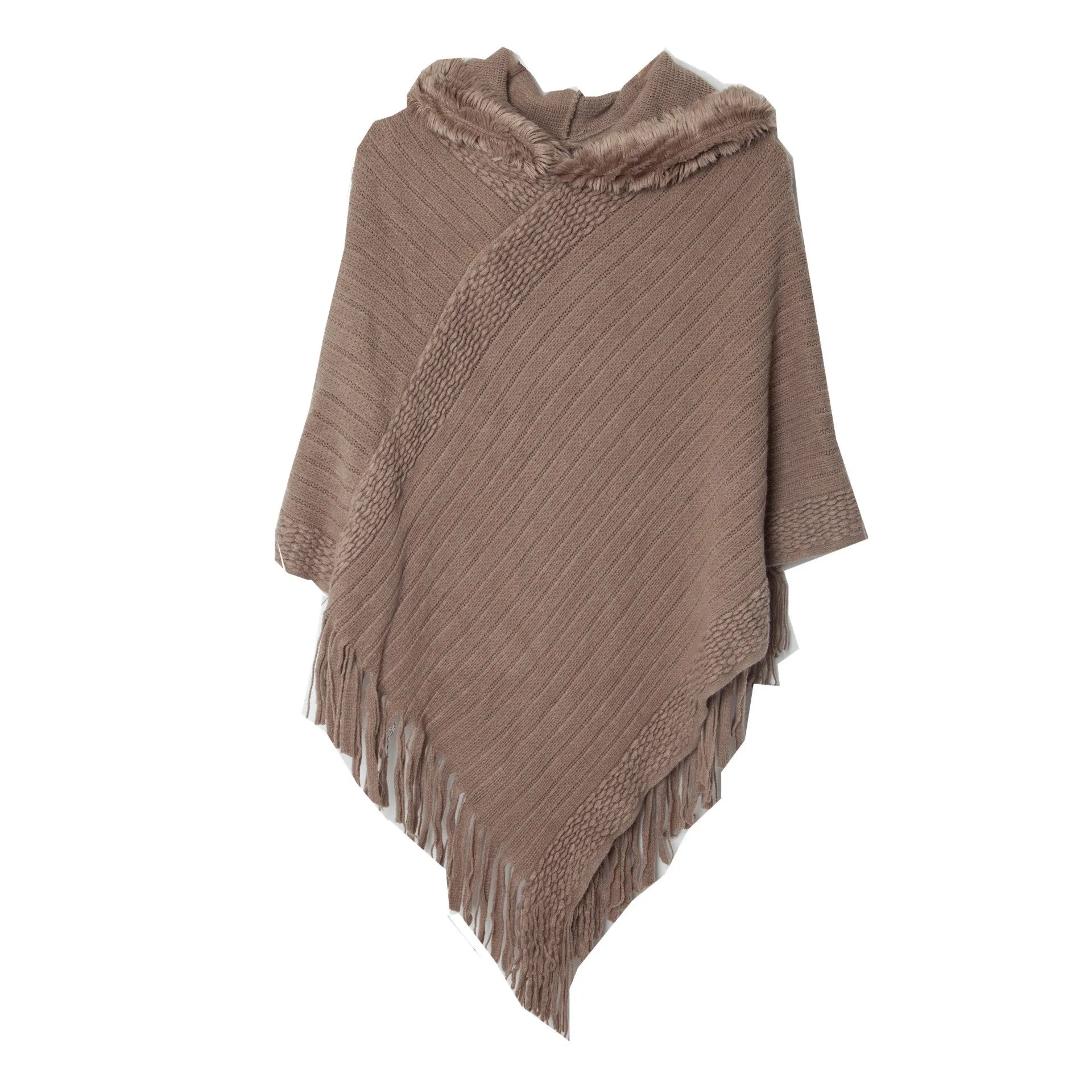 Poncho à capuche femme en maille à franges