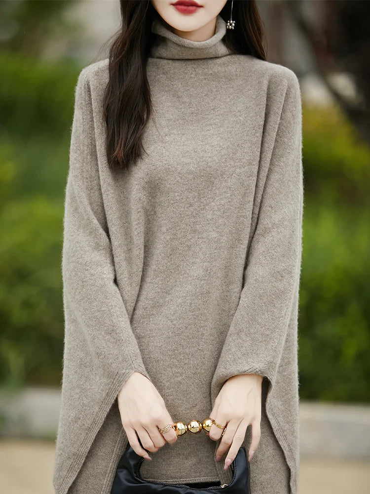 Poncho pull femme · Col roulé anthracite