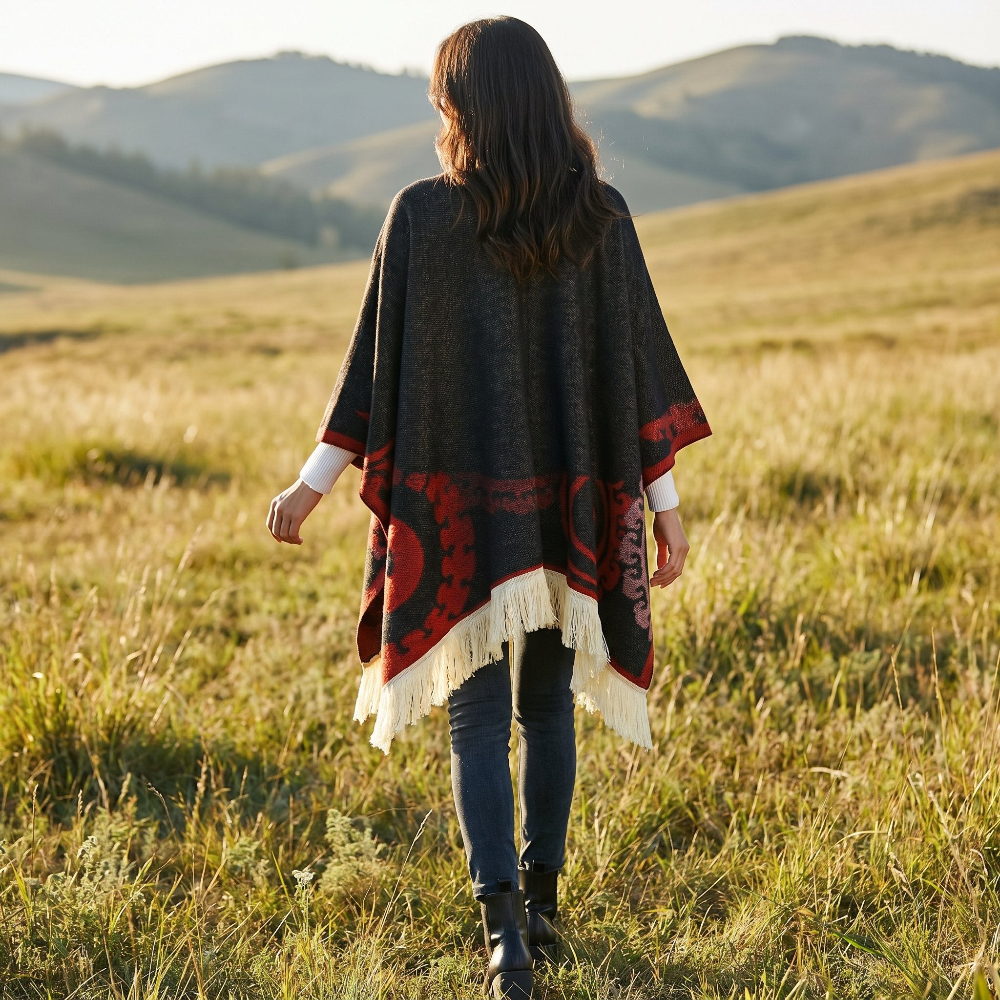Cape poncho femme ouverte à motif et franges, portée de dos par une femme marchant dans un champ