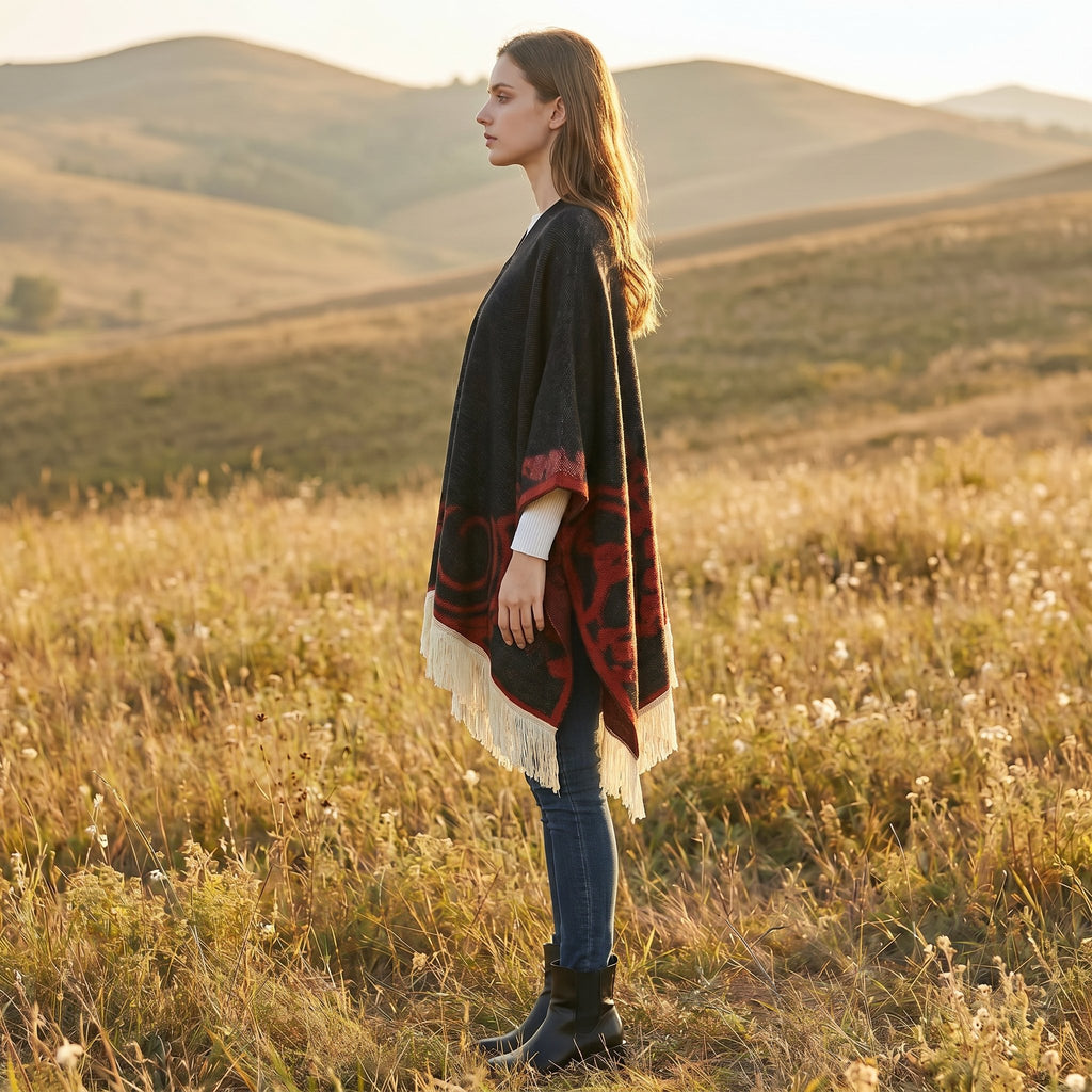 Cape poncho femme ouverte à motif et franges, portée de profil par une femme dans un champ