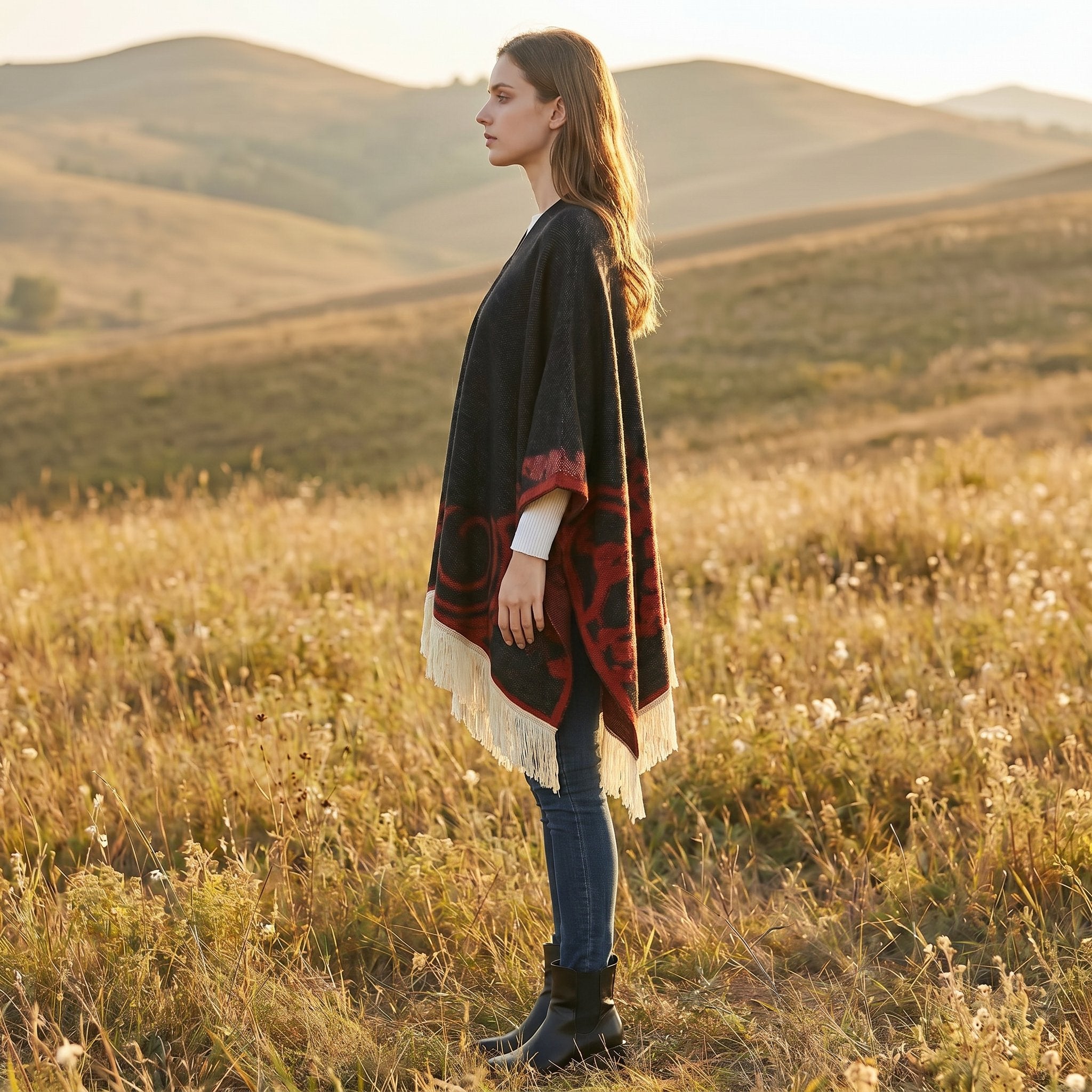 Cape poncho femme ouverte à motif et franges, portée de profil par une femme dans un champ