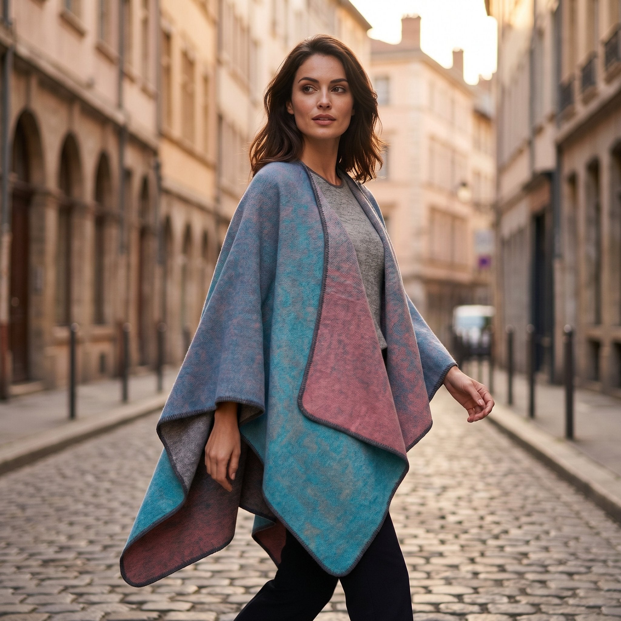 Cape poncho femme ouverte colorblock portée de face par une femme, révélant ses larges pans colorblock bleus