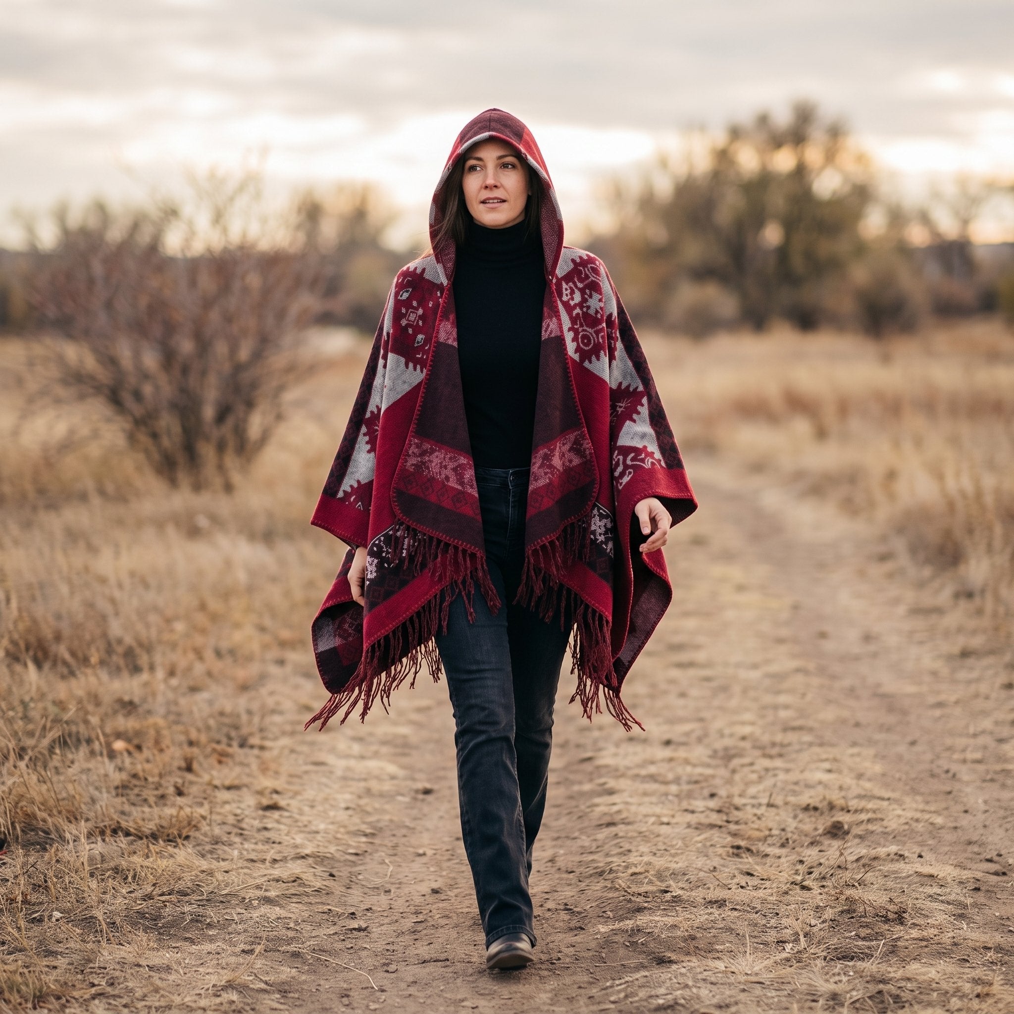 Cape poncho femme ouverte rouge à franges portée capuche relevée, en marche sur un chemin en extérieur