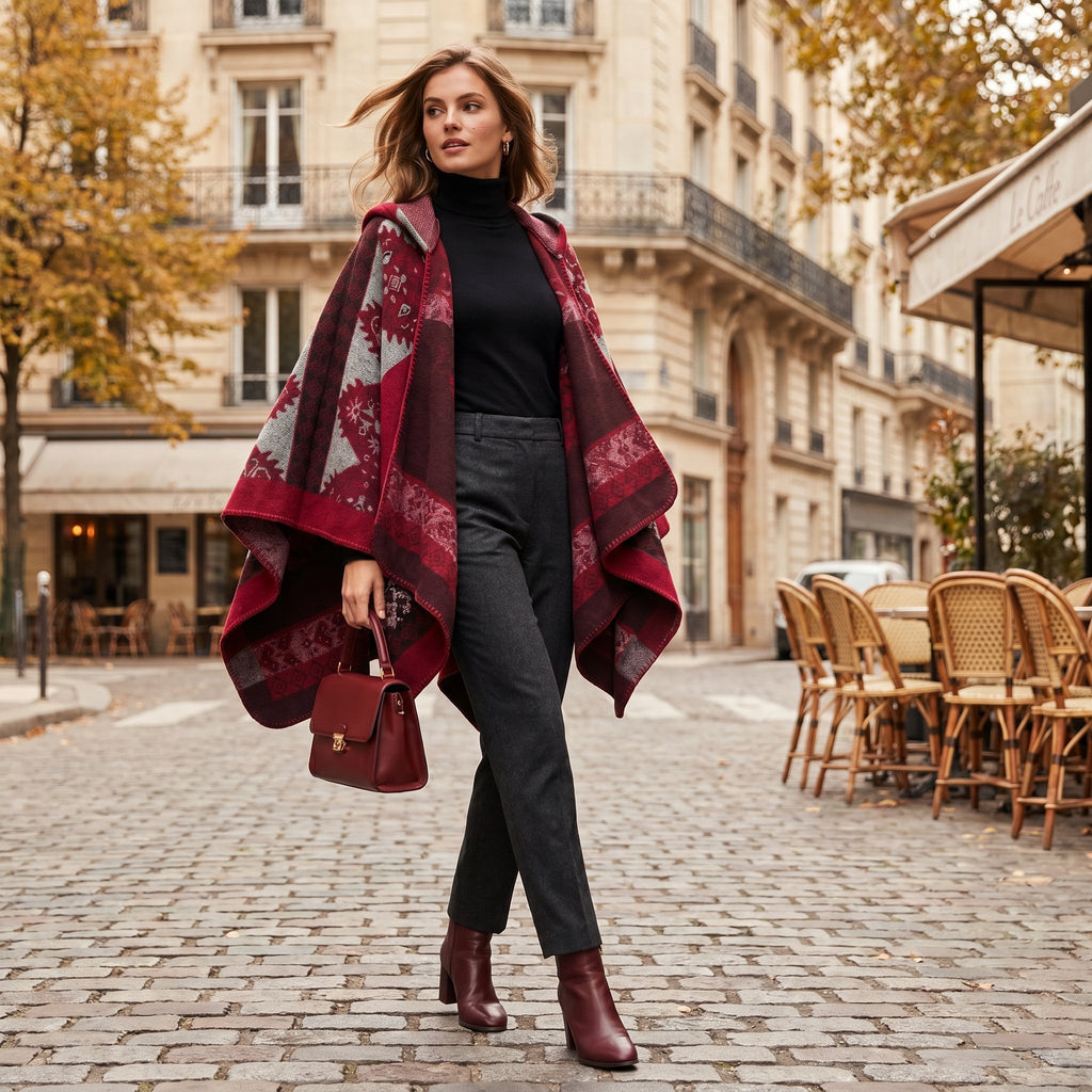 Cape poncho femme ouverte rouge à franges portée de face par une femme en ville, dévoilant son tombé fluide et ses motifs