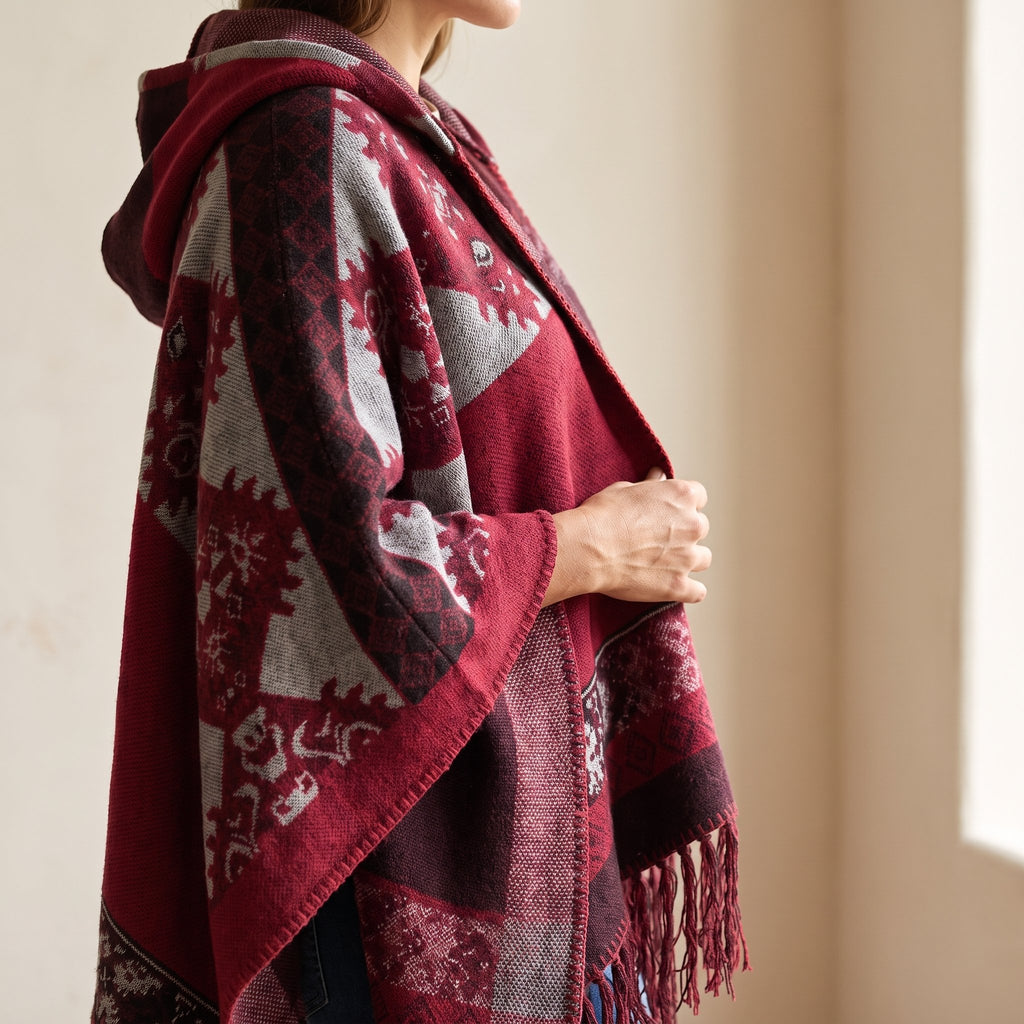 Détail de la maille jacquard et des franges de la cape poncho femme rouge, vue rapprochée de l'épaule