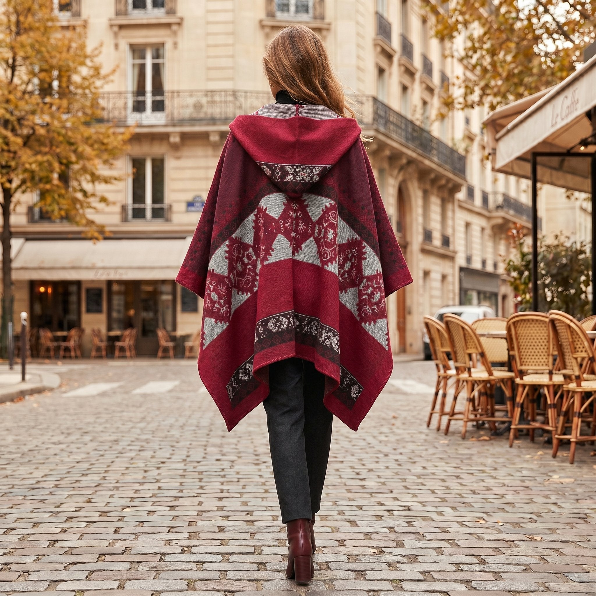 Cape poncho femme ouverte rouge à franges portée de dos par une femme en extérieur