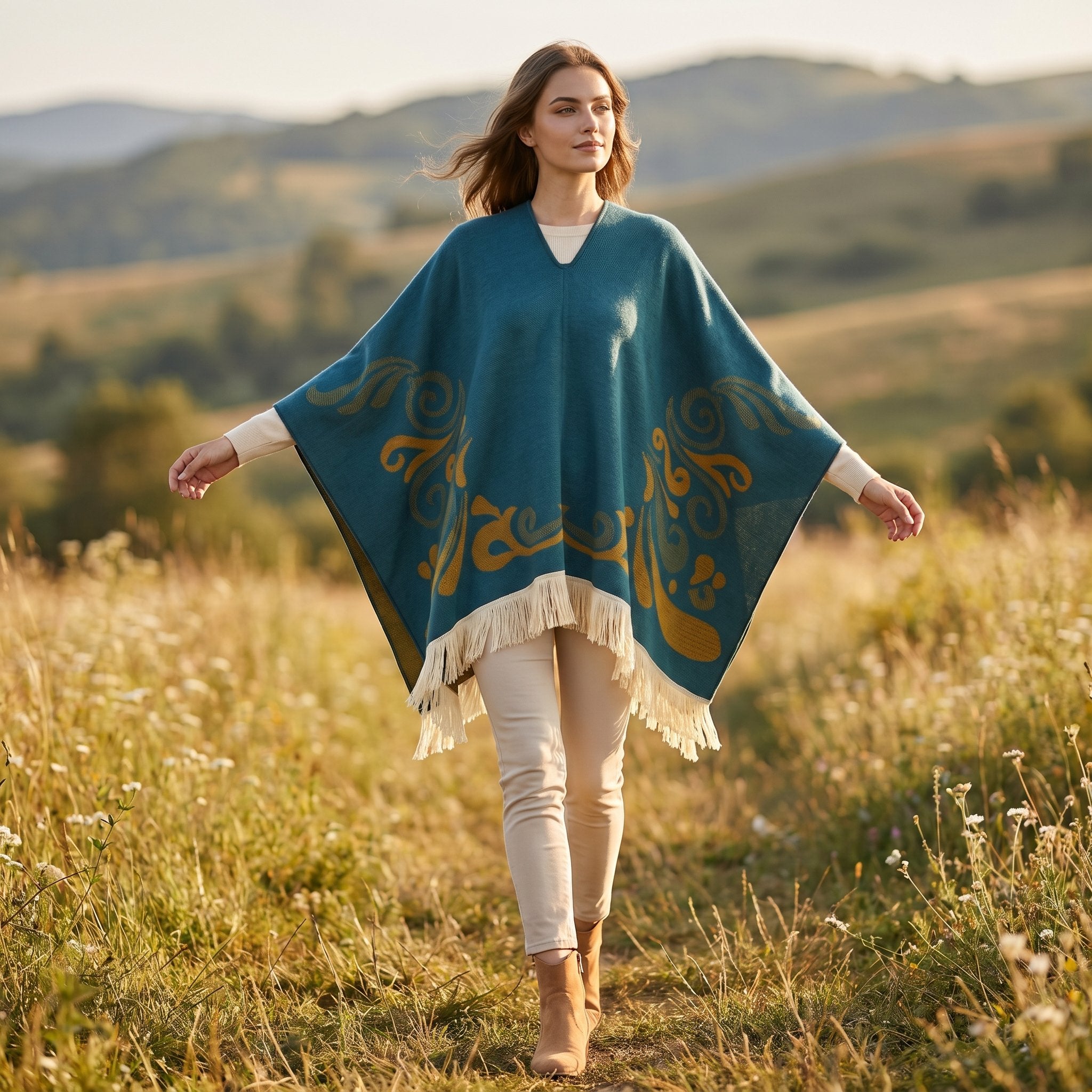 Cape poncho femme ouverte motif turquoise, portée de face par une femme marchant dans un champ. Les motifs dorés sur le
