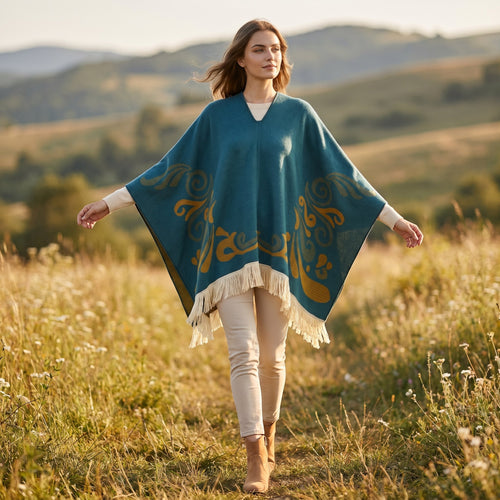 Cape poncho femme ouverte motif turquoise, portée de face par une femme marchant dans un champ. Les motifs dorés sur le