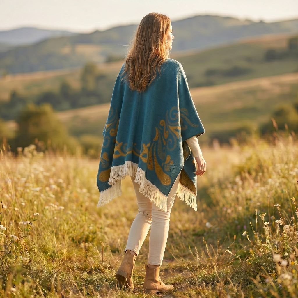 Cape poncho femme ouverte motif turquoise, portée de dos avec une légère torsion du corps. Le motif doré et les franges sont