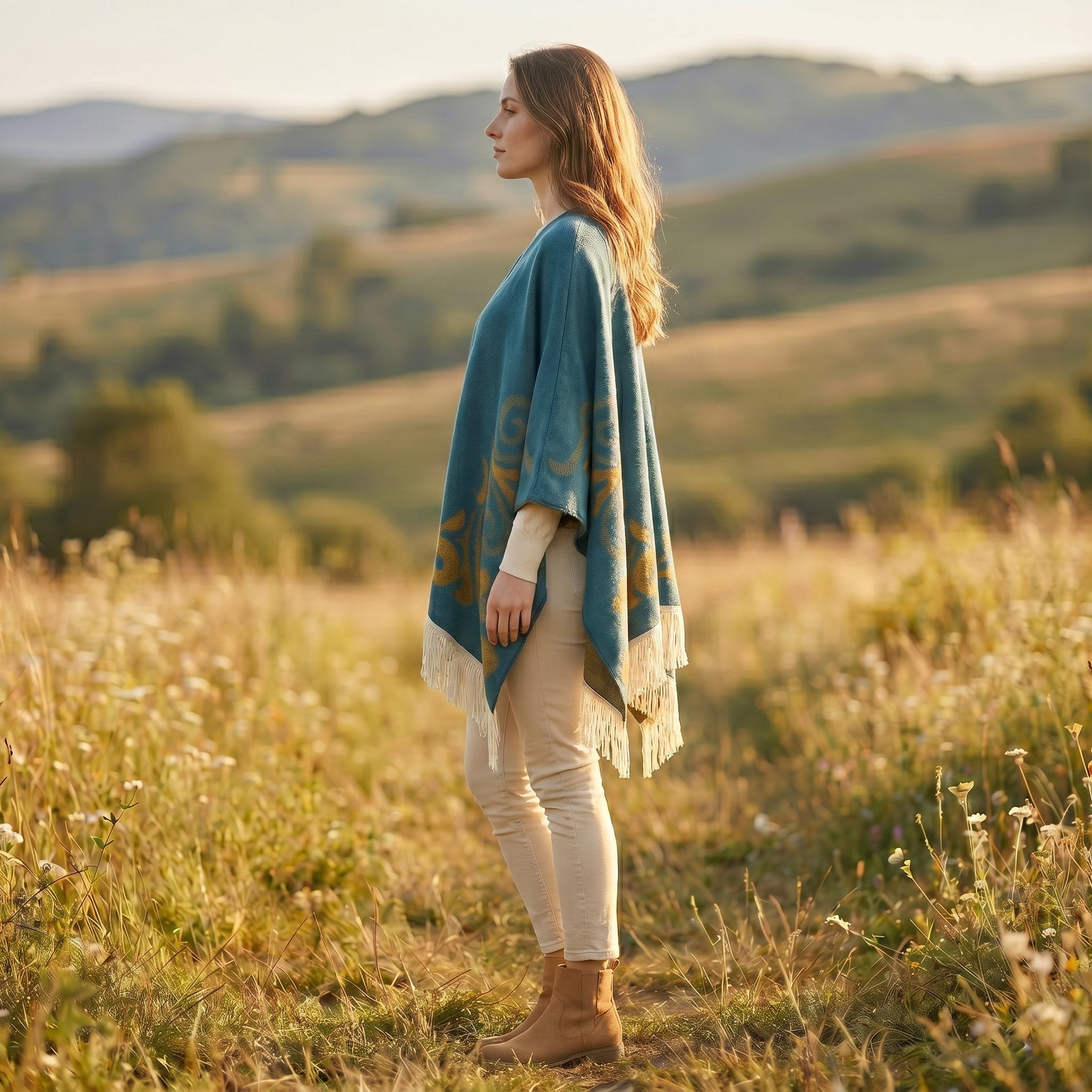 Cape poncho femme ouverte motif turquoise, portée de profil par une femme. Le drapé du vêtement et les franges latérales