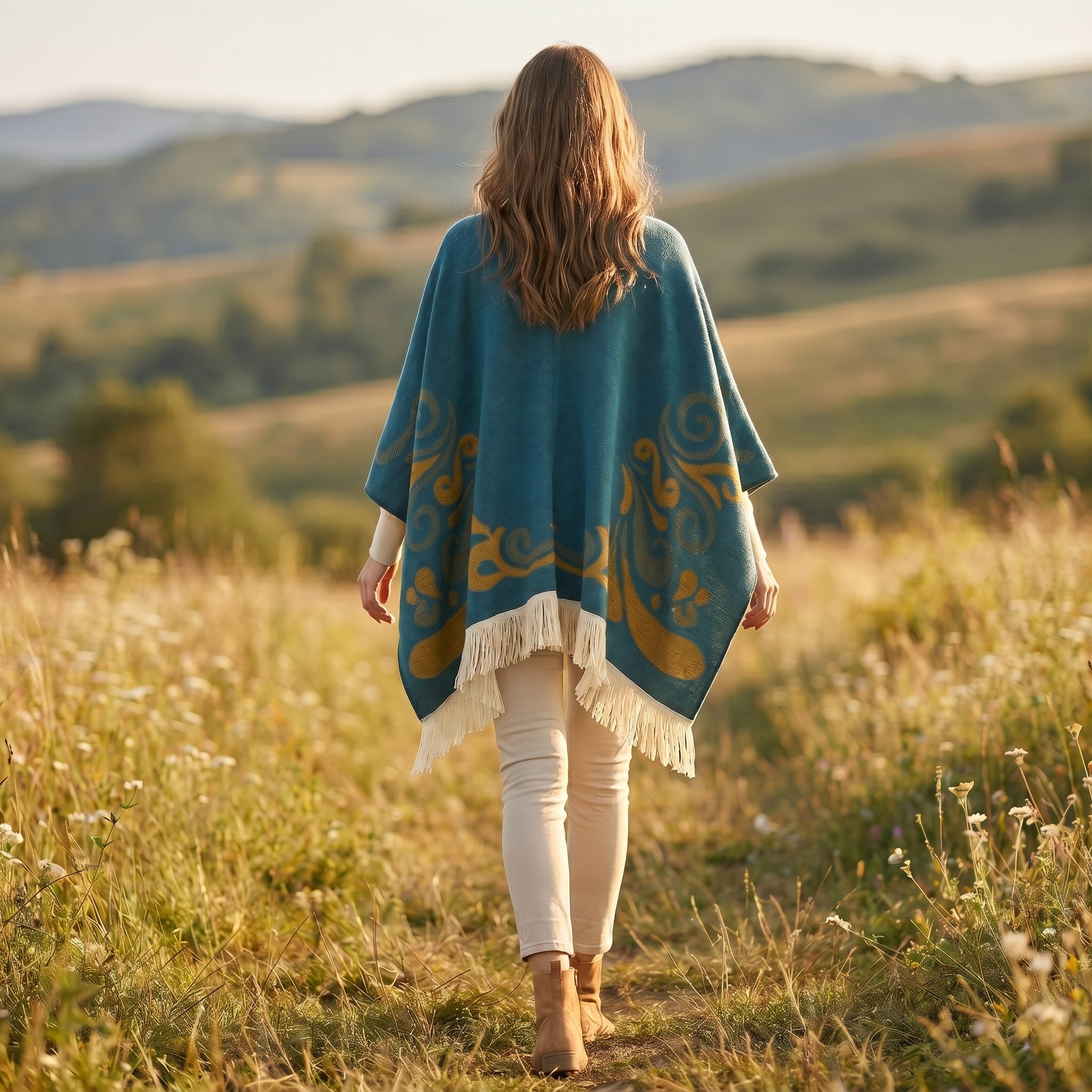 Cape poncho femme ouverte motif turquoise, portée de dos par une femme marchant dans un champ. Les motifs dorés et les
