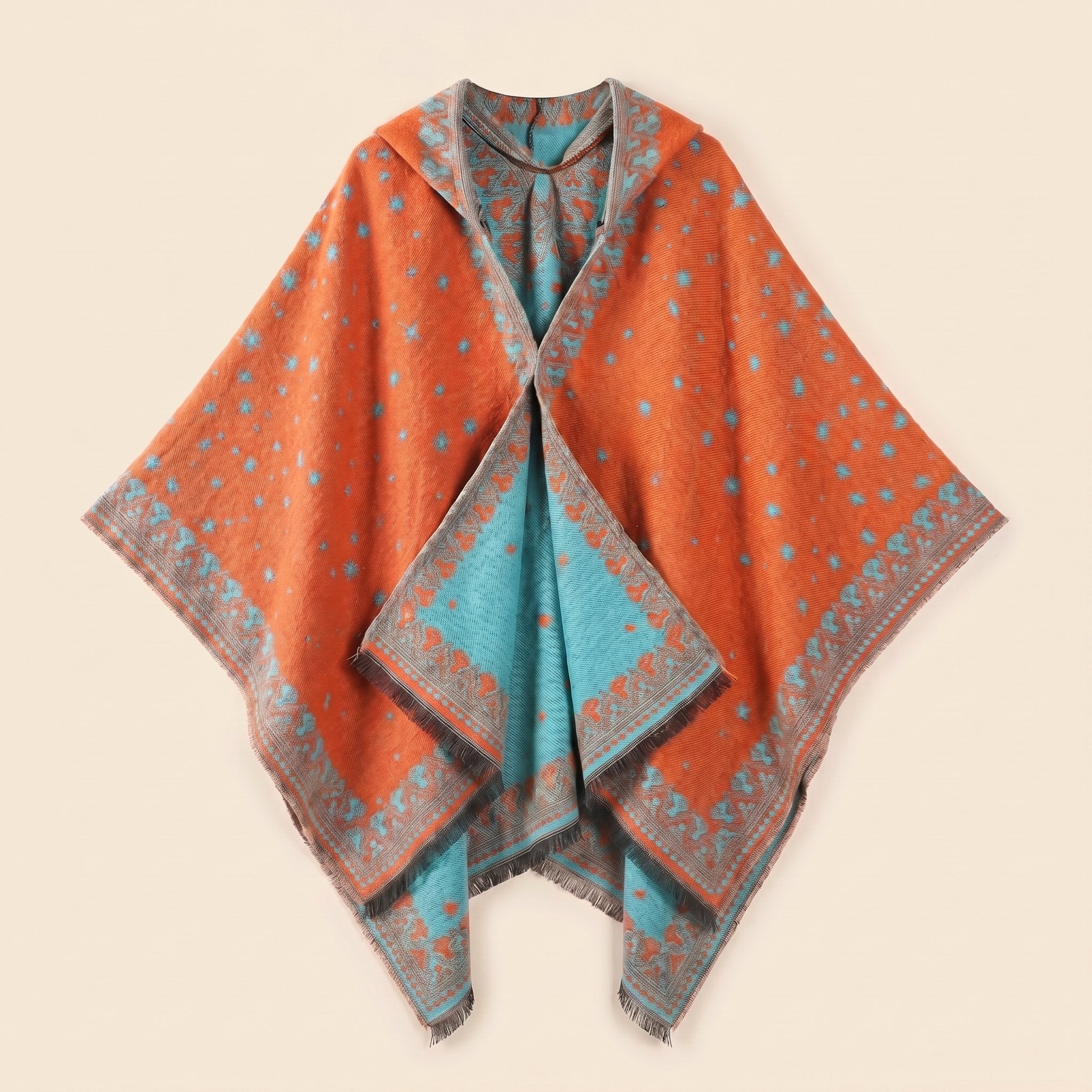 Cape poncho homme ouverte motif bandana orange et bleu clair, présentée à plat, montrant son design réversible