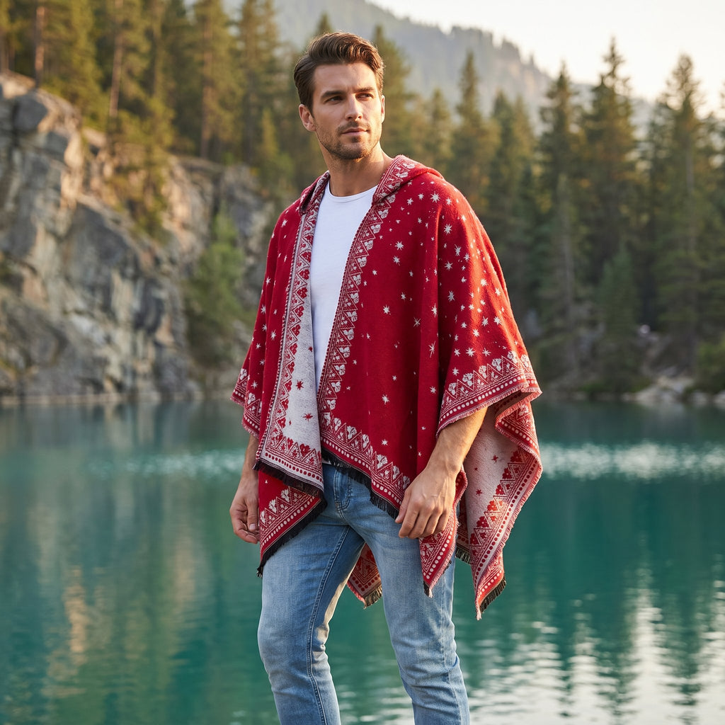 Cape poncho homme ouverte motif bandana rouge et blanc, portée par un homme de face en extérieur près d'un lac