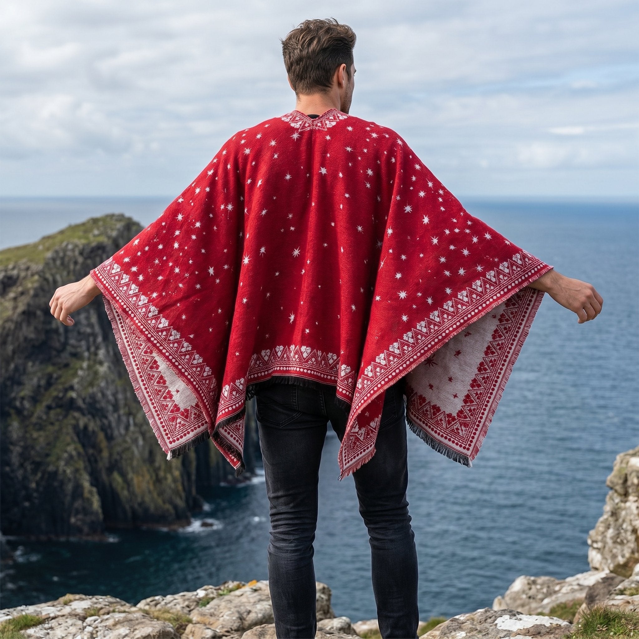 Cape poncho homme ouverte motif bandana rouge et blanc, portée par un homme de dos en extérieur face à la mer