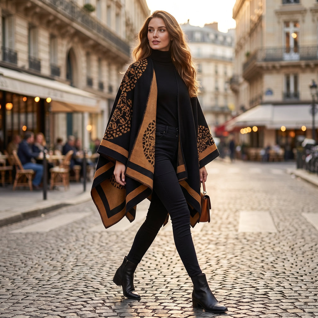 Manteau poncho femme, cape ouverte à bordure noire et marron, avec motifs, portée par une femme marchant en extérieur