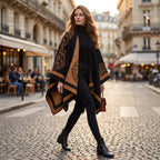 Manteau poncho femme, cape ouverte à bordure noire et marron, avec motifs, portée par une femme marchant en extérieur