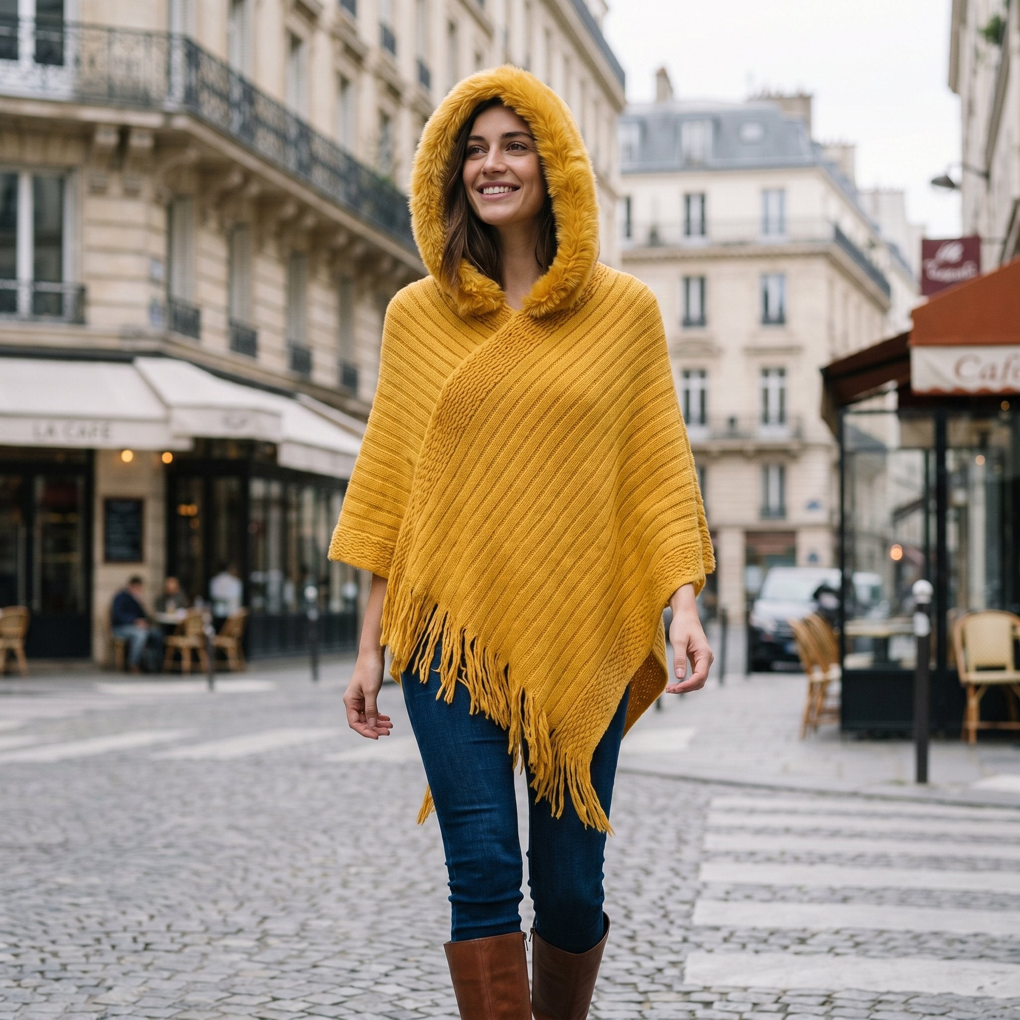 Poncho à capuche femme en maille à franges, coloris jaune, porté par une femme avec la capuche sur la tête