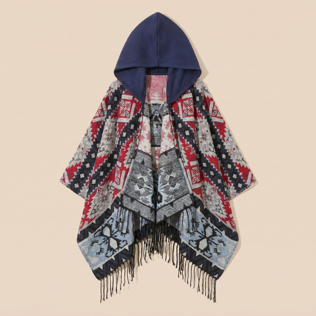 Poncho à capuche homme à motif et franges, coloris rouge, bleu marine et gris