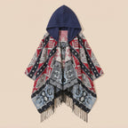 Poncho à capuche homme à motif et franges, coloris rouge, bleu marine et gris