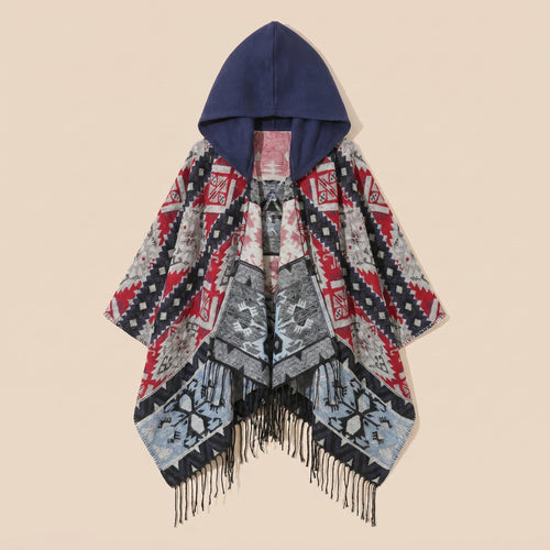 Poncho à capuche homme à motif et franges, coloris rouge, bleu marine et gris