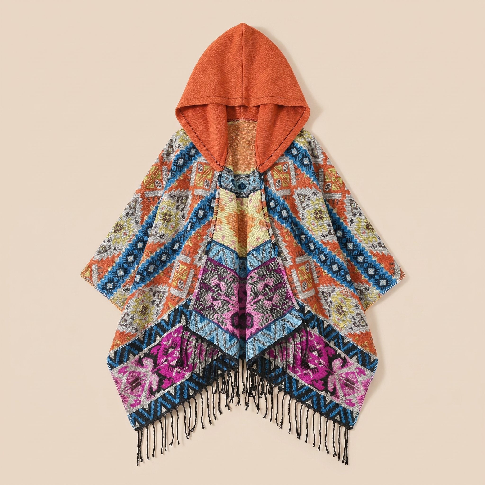 Poncho à capuche homme à motif et franges, coloris orange, bleu et rose, présenté à plat de face avec sa capuche orange