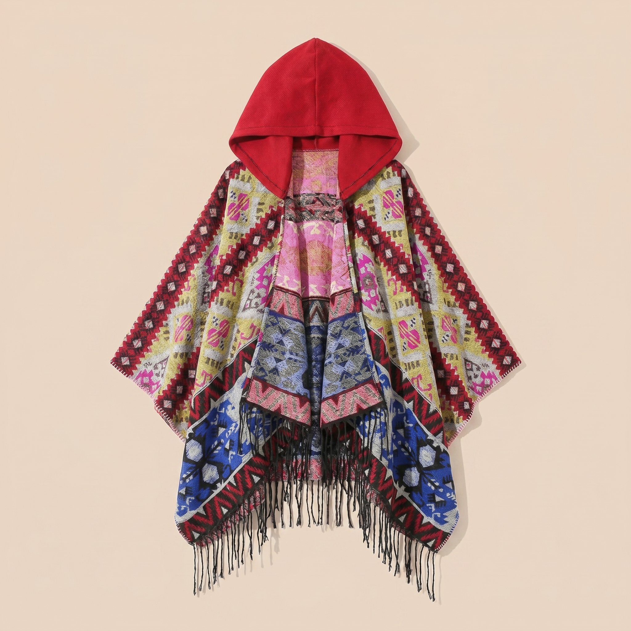 Poncho à capuche homme à motif et franges, coloris multicolore dominant rouge et bleu