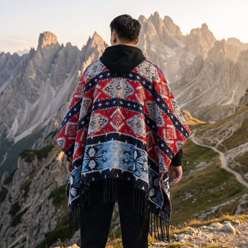 Poncho à capuche homme à motif et franges, porté de dos par un homme en extérieur, coloris rouge