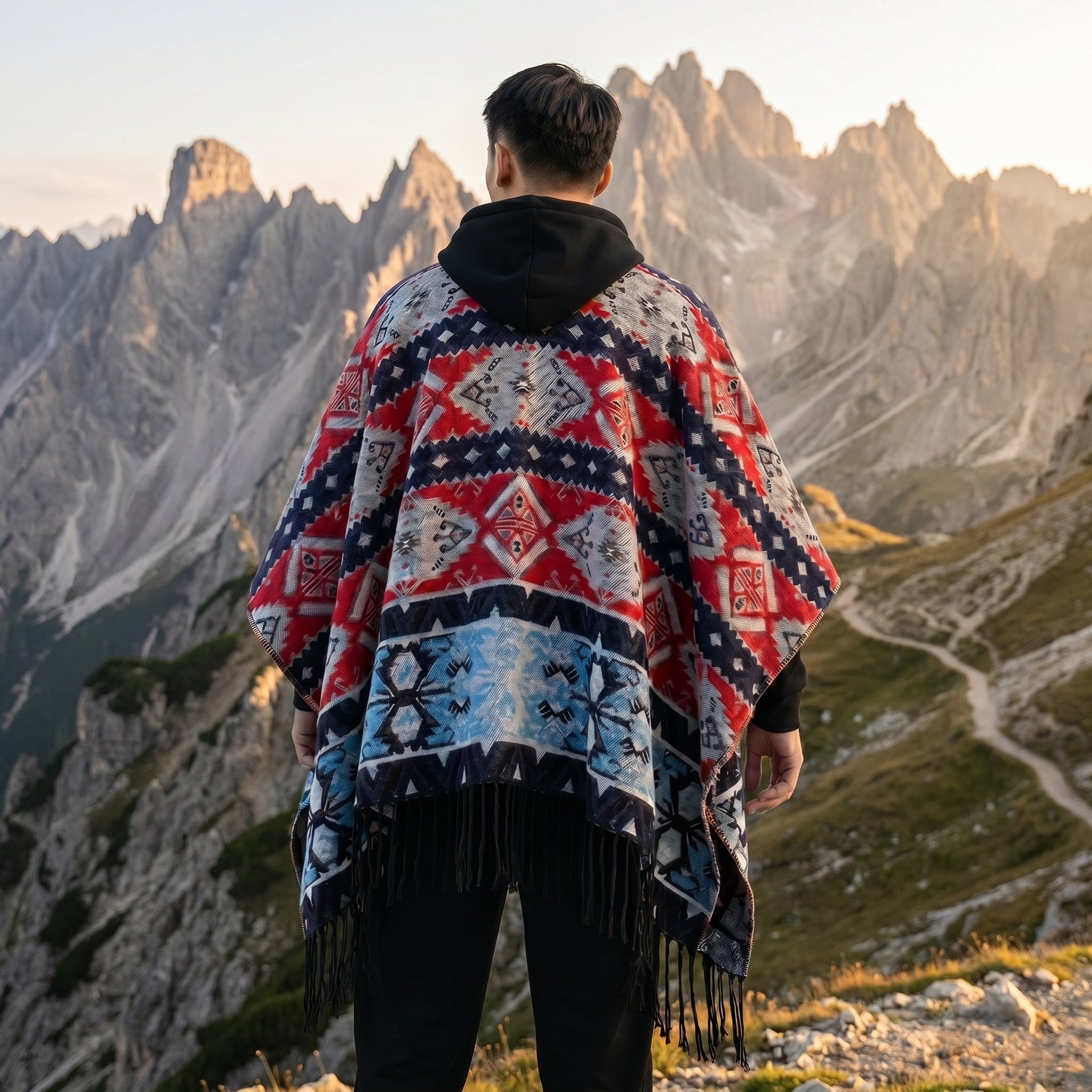 Poncho à capuche homme à motif et franges, porté de dos par un homme en extérieur, coloris rouge