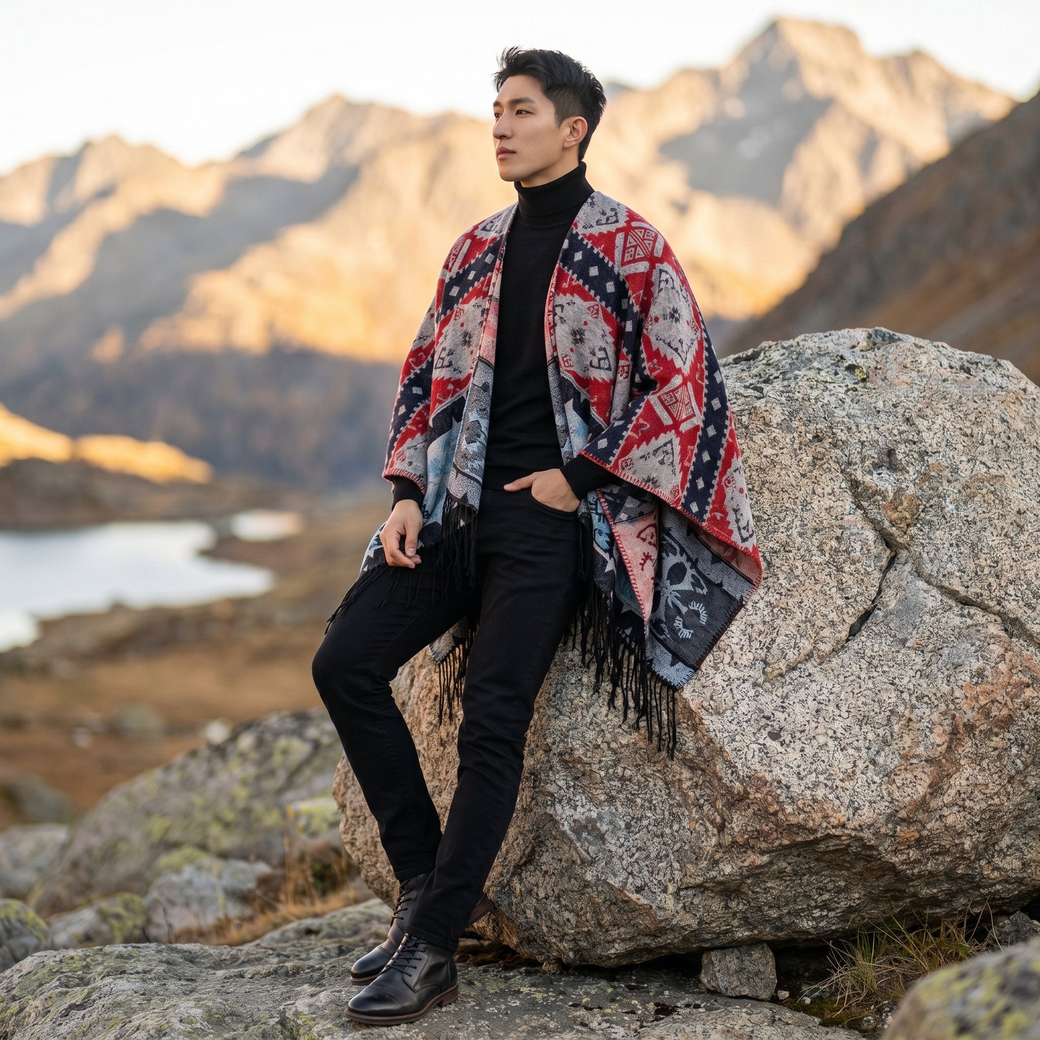 Poncho à capuche homme à motif et franges, porté de profil par un homme en extérieur, coloris rouge, bleu et gris