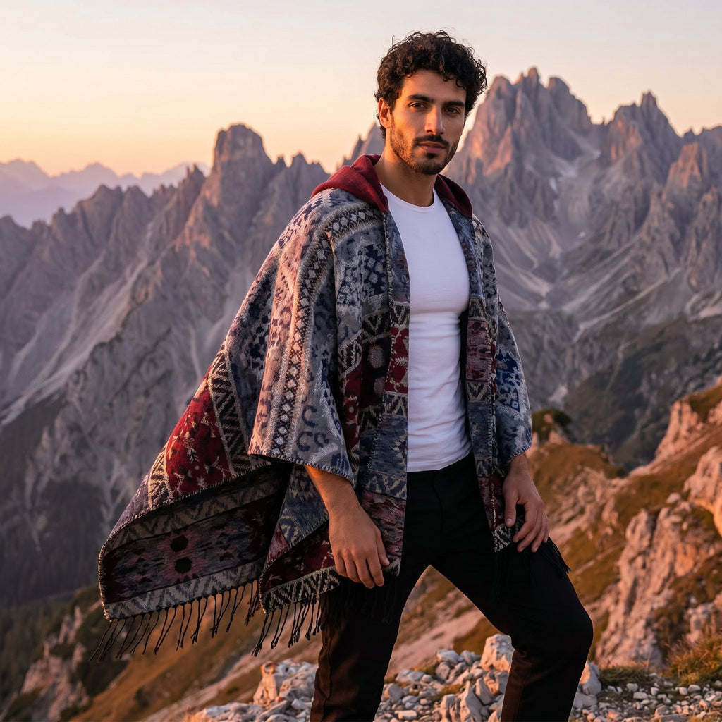 Poncho à capuche homme à motif et franges, porté de face par un homme en extérieur, coloris gris, bordeaux et bleu