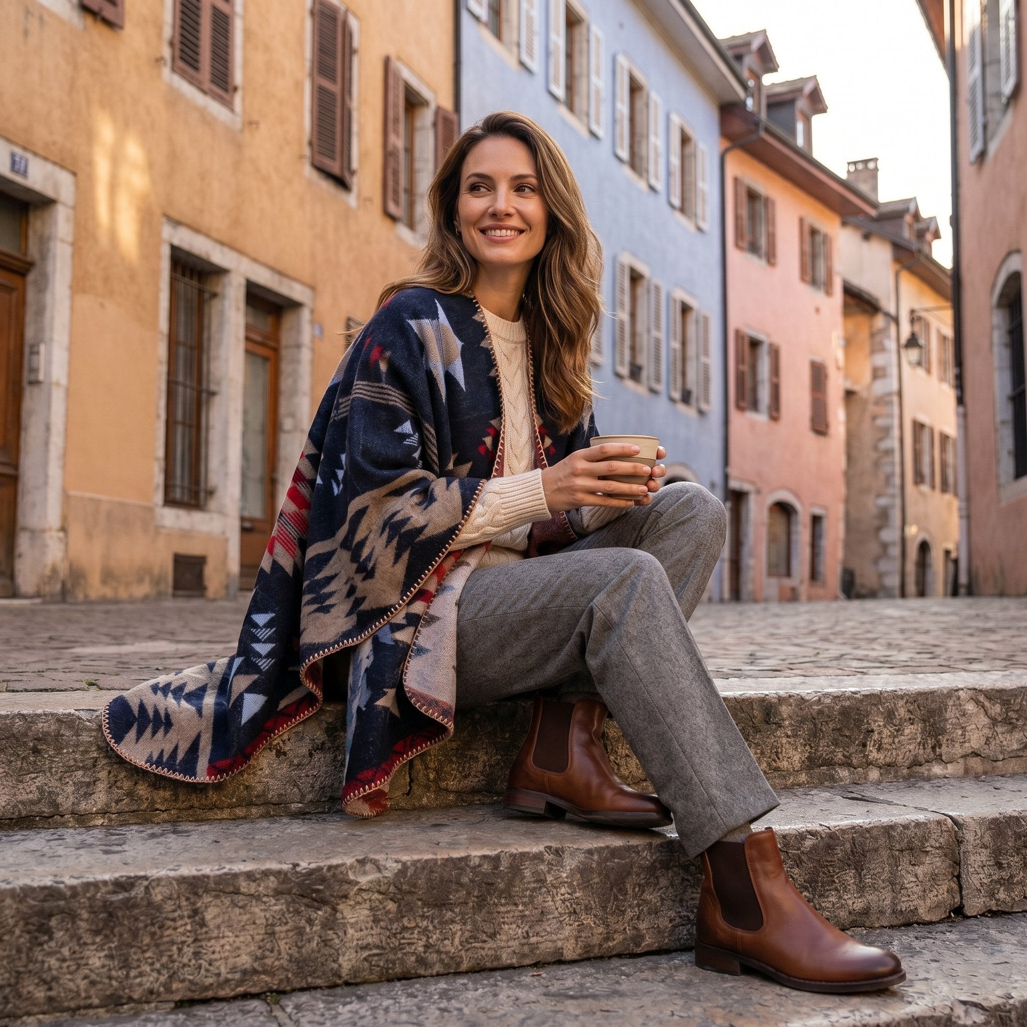 Poncho cape motif Aztèque marine porté par une femme assise sur des marches en pierre.