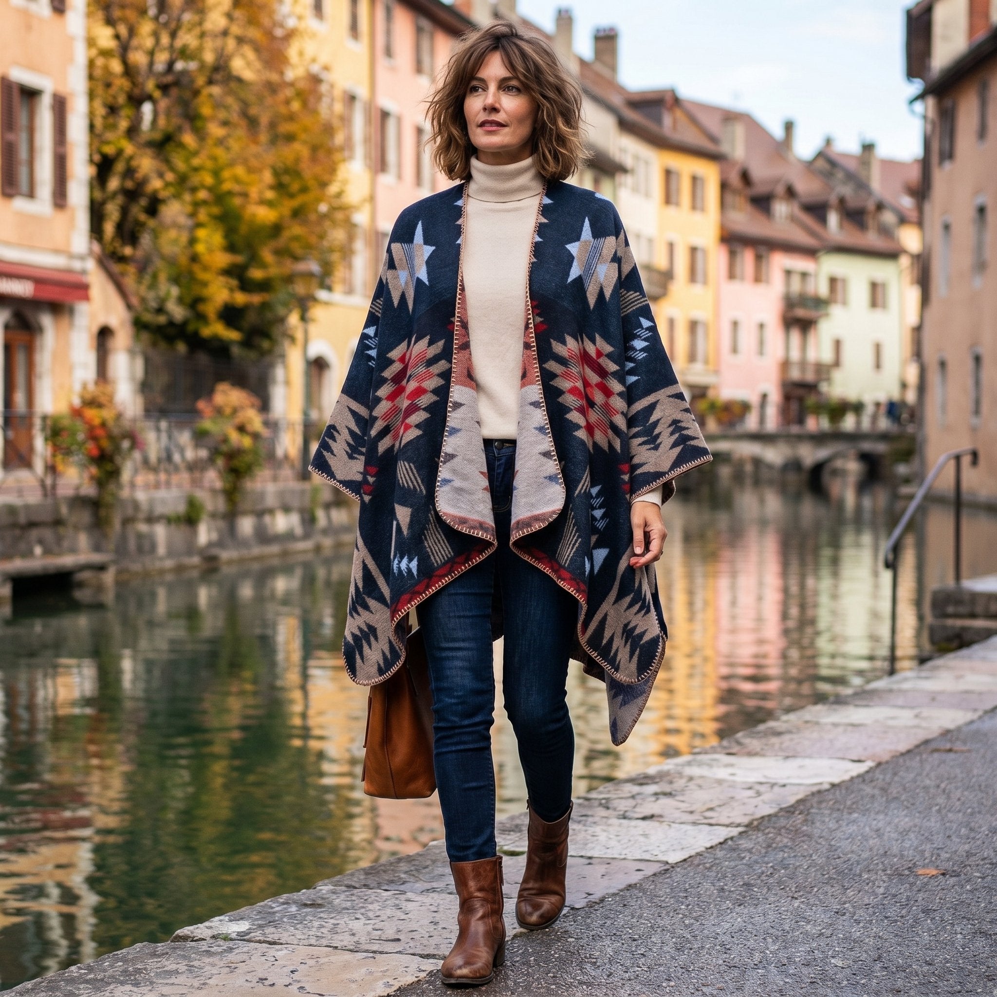 Poncho cape motif Aztèque marine porté par une femme marchant sur le bord d'un canal, vue de face.