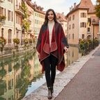 Poncho cape colorblock rouge, porté par une femme souriante marchant le long d'un canal.