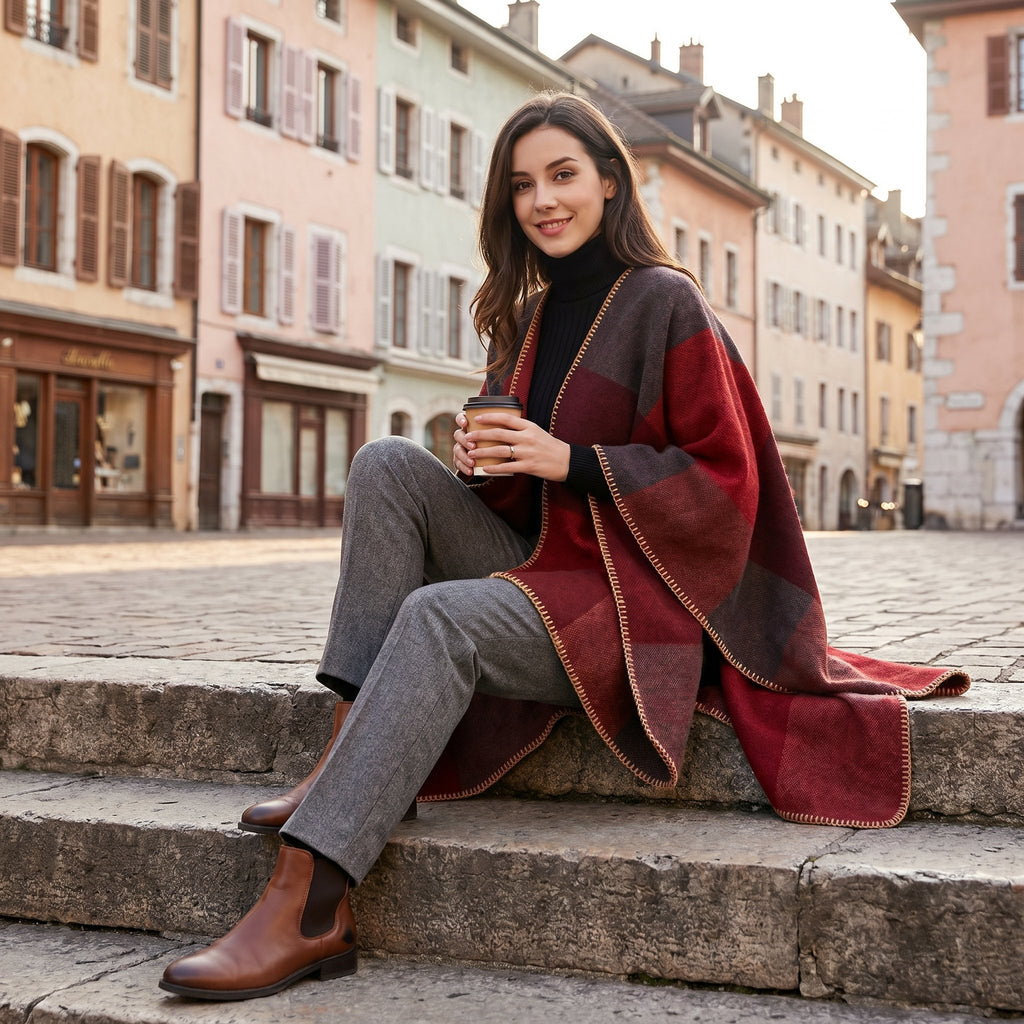 Poncho cape colorblock rouge, porté par une femme assise sur des marches, tenant une tasse.