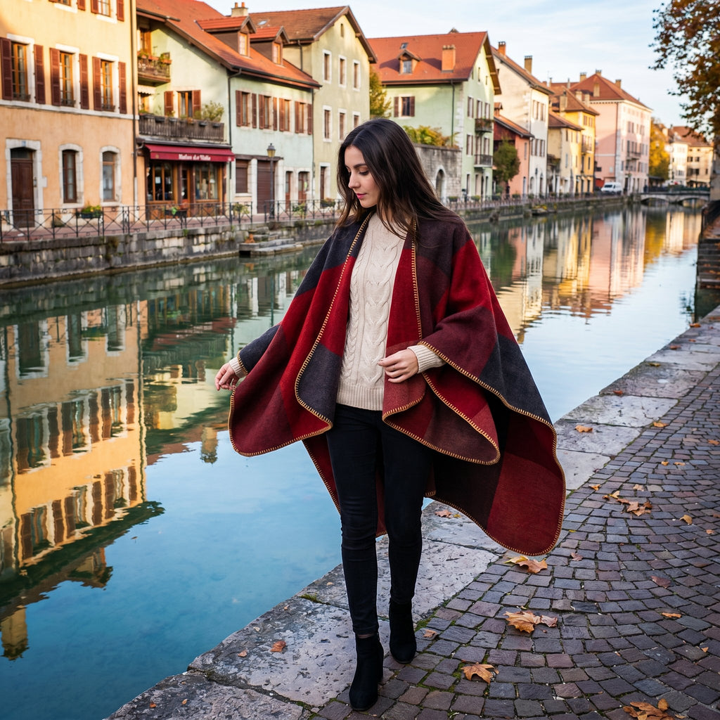 Poncho cape colorblock rouge, porté par une femme marchant sur un quai au bord d'un canal.