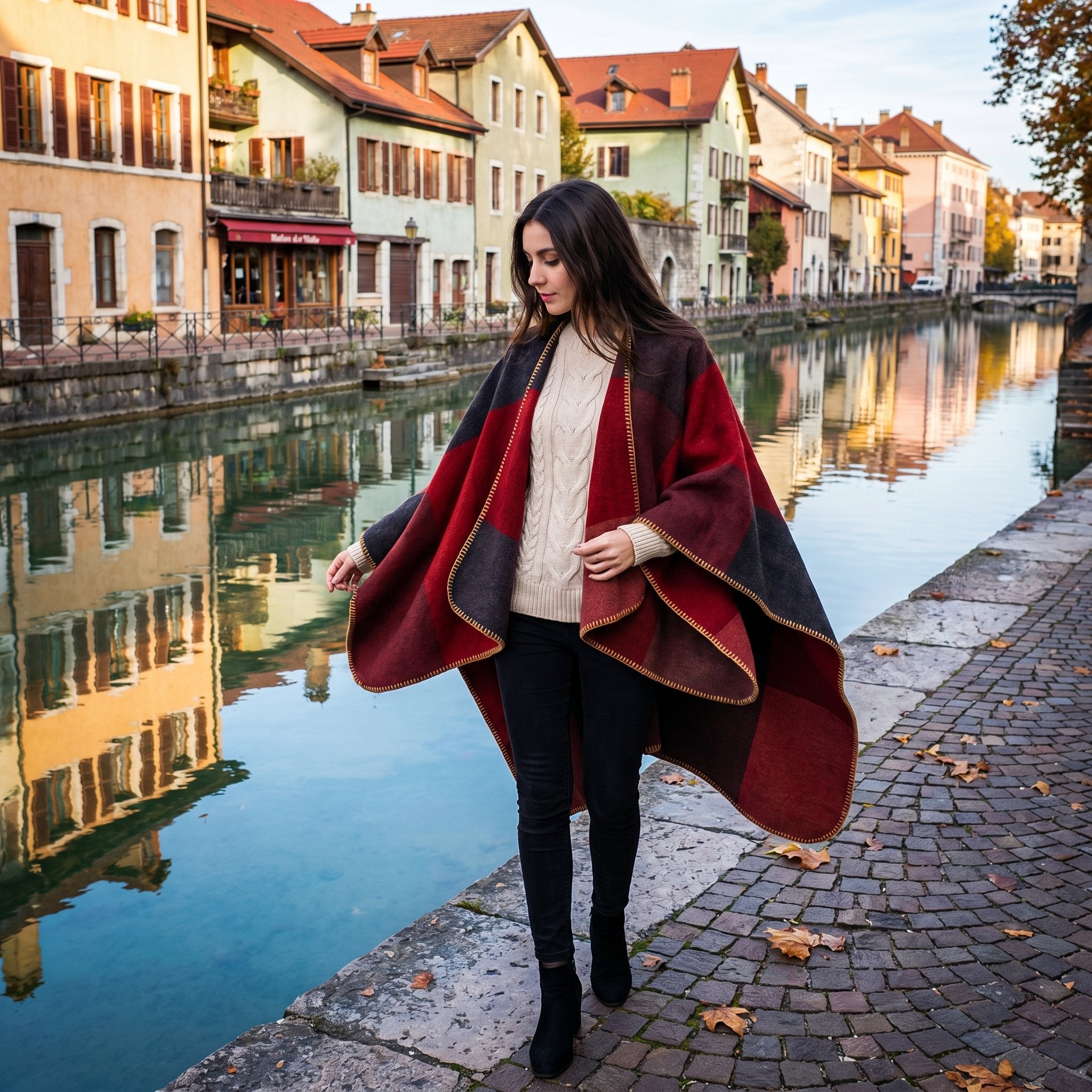 Poncho cape colorblock rouge, porté par une femme marchant sur un quai au bord d'un canal.