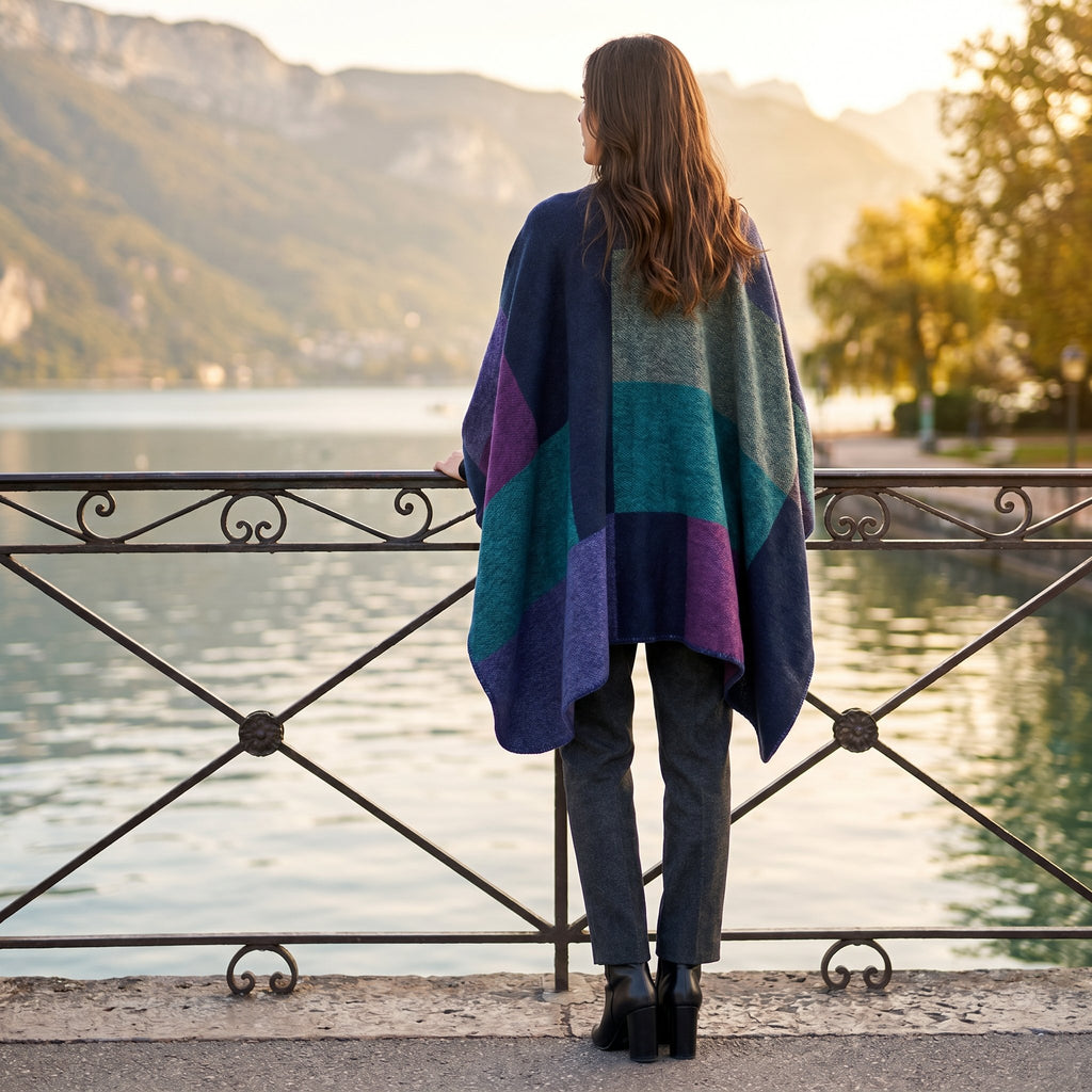 Poncho cape colorblock vert et violet porté par une femme vue de dos, contemplant un lac et des montagnes.