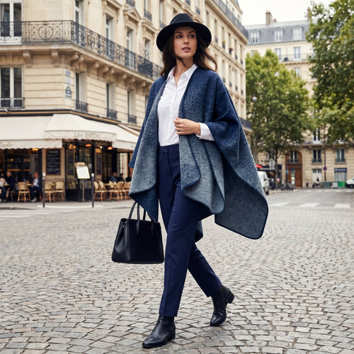 Poncho cape femme bleu jean porté par une femme marchant en ville, vue de face, avec un chapeau.