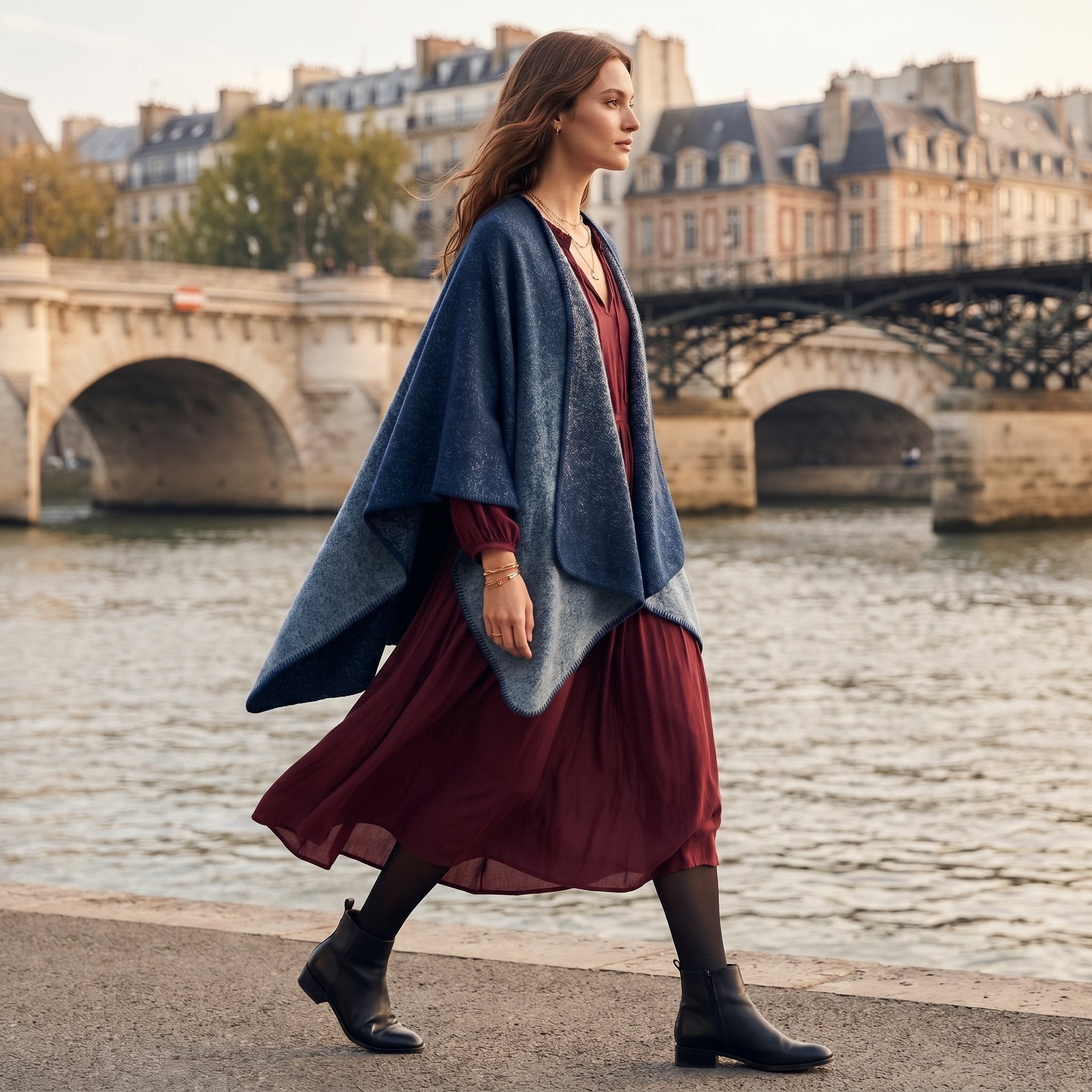 Poncho cape femme bleu jean porté par une femme marchant le long d'une rivière, vue de profil.