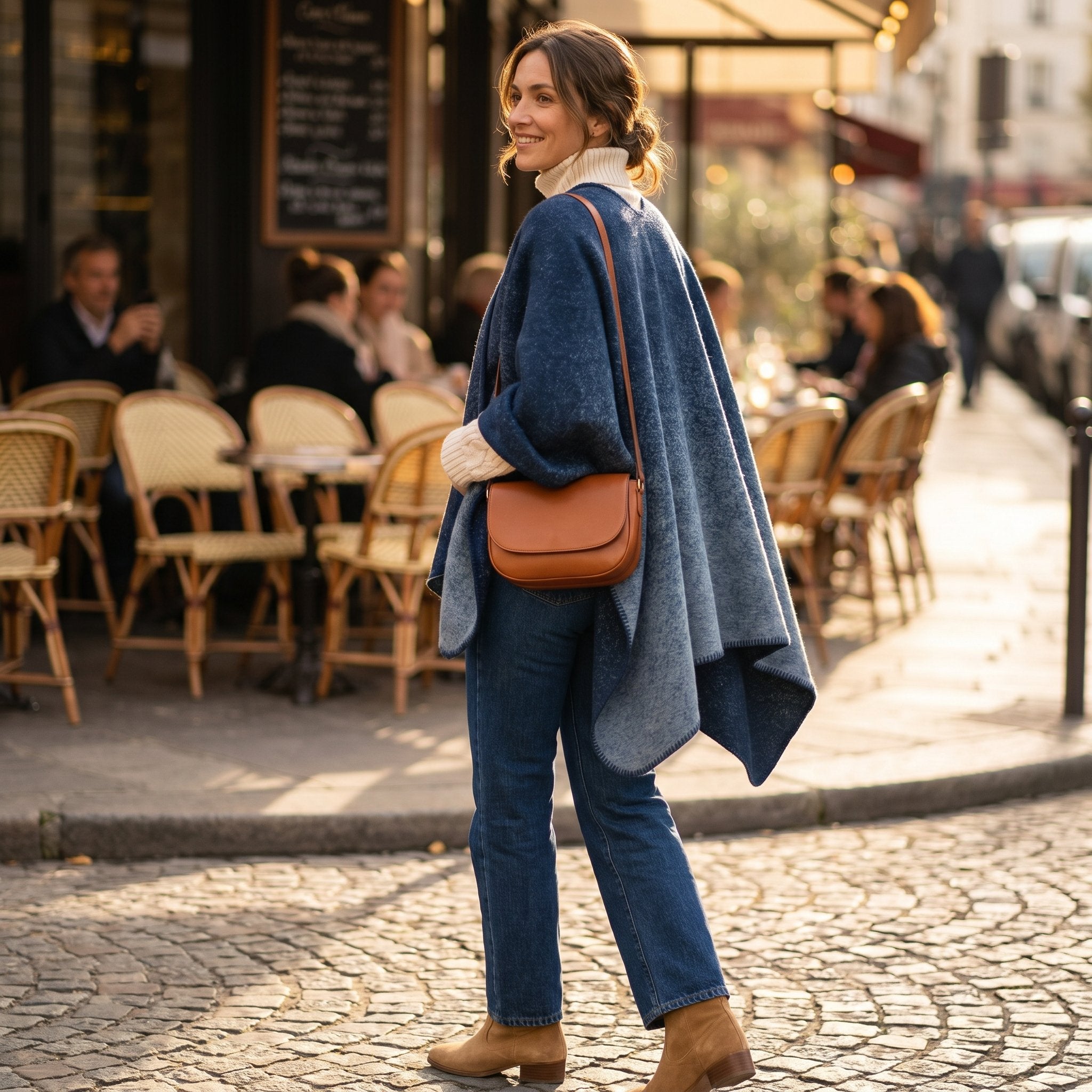 Poncho cape femme bleu jean porté par une femme de dos, regardant par-dessus son épaule, en terrasse.