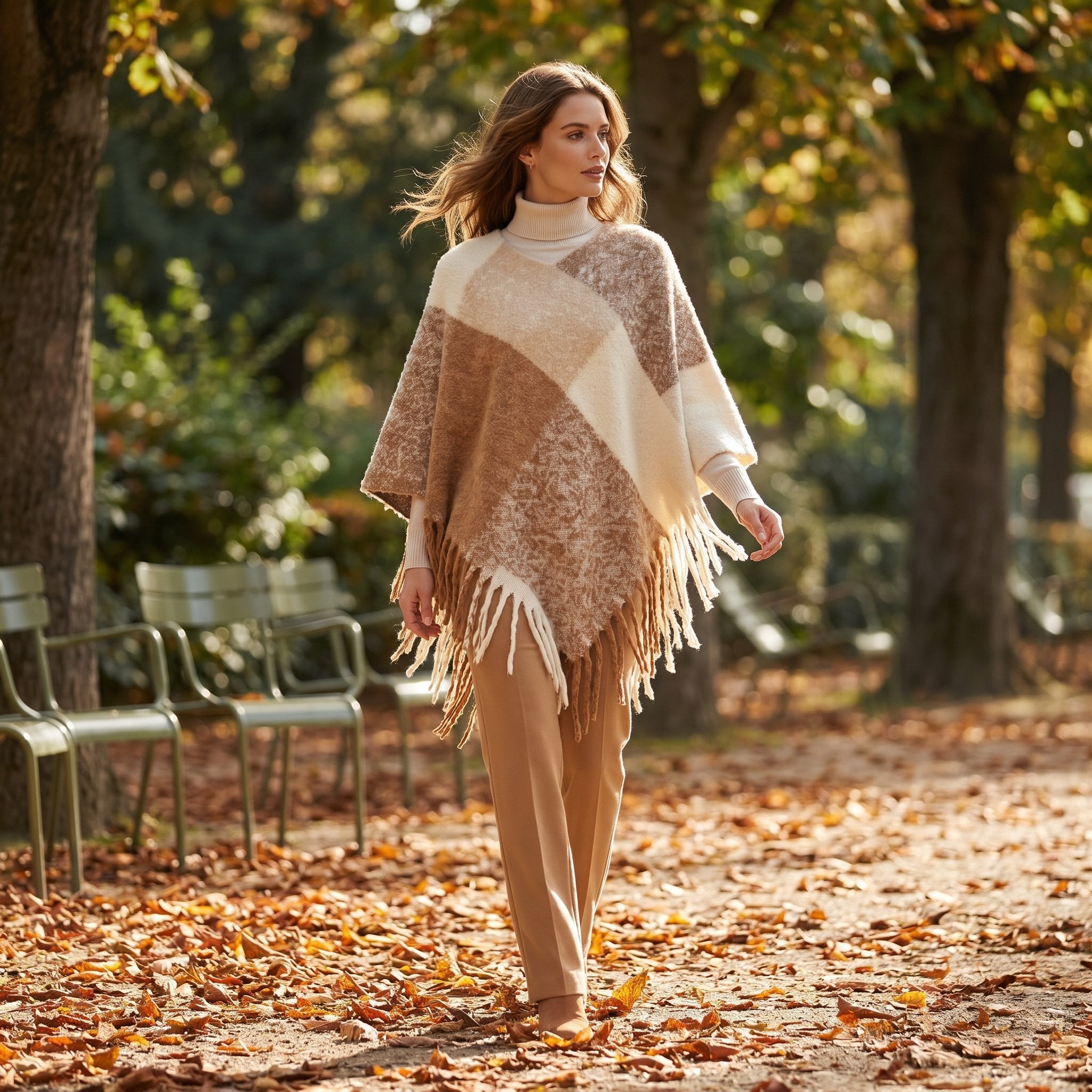 Poncho cape femme colorblock beige et marron porté par une femme marchant dans un parc en automne.